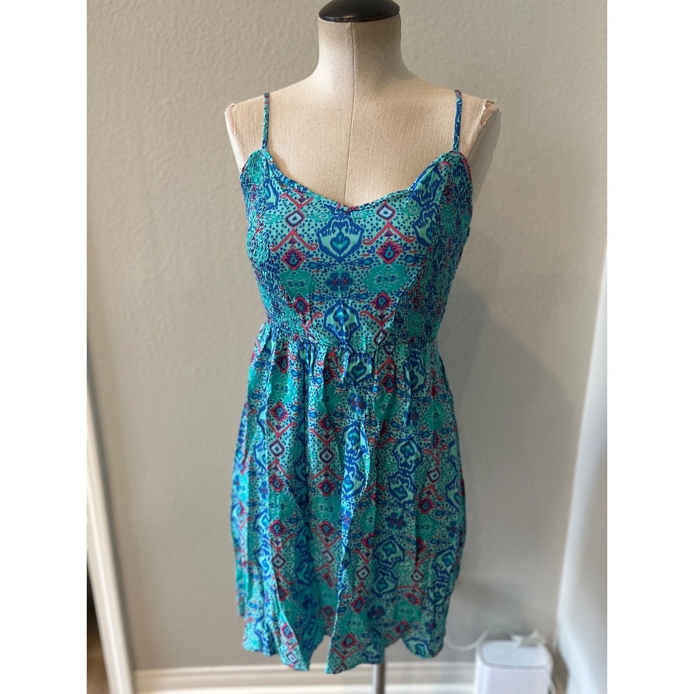 Derek Heart Womens Medium Blue Boho Tribal Print Cutout Back Sundress Rayon M‎